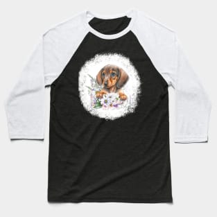 Dachshund Puppy Laying In Flowers Baseball T-Shirt